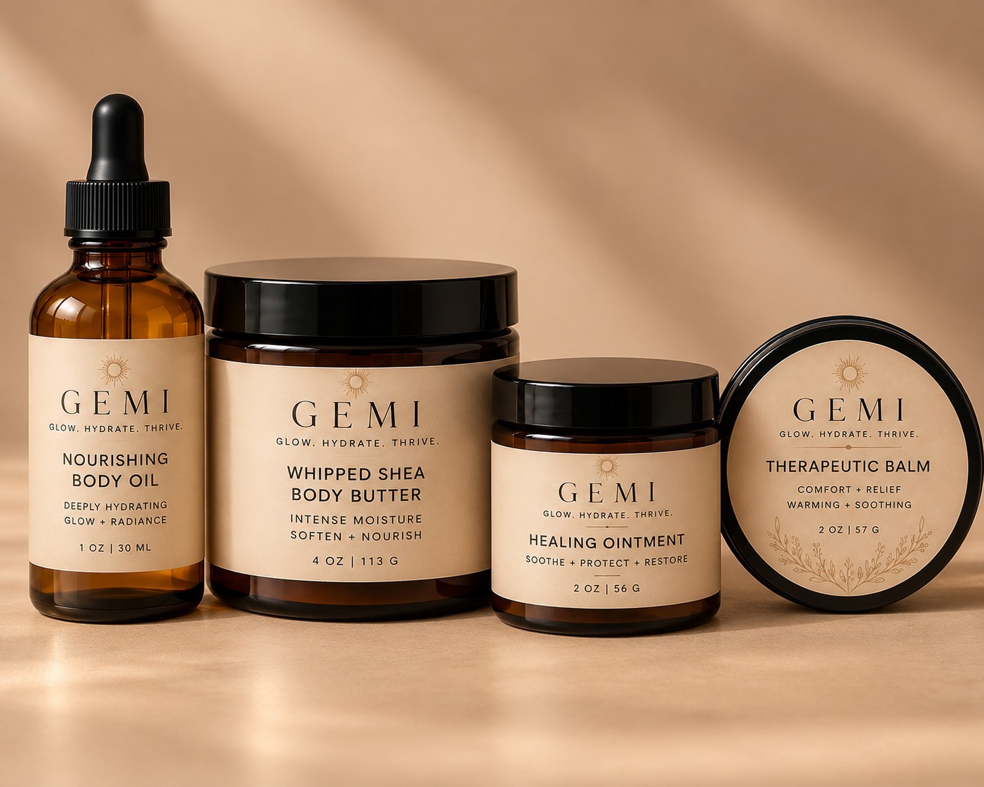 The GEMISKIN collection: Nourishing Body Oil, Whipped Shea Body Butter, Healing Ointment and Therapeutic Balm